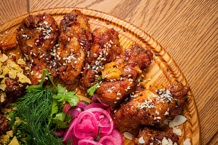 Grilled chicken wings with sesame seeds on a wooden plate.