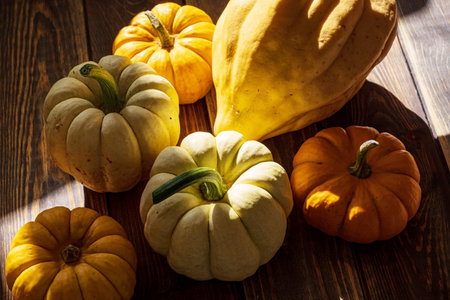 Pumpkins on dark wooden background. Halloween harvesting thanksgiving concept