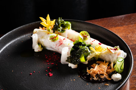 Vietnamese rolls with vegetable and flowersの写真素材