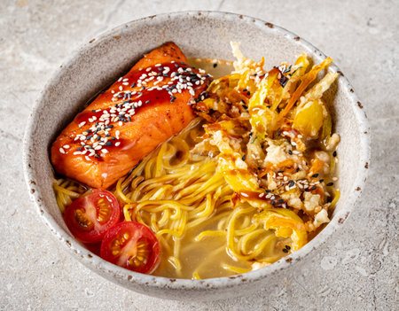 Noodle Bowl With Mushrooms, tomato and Salmonの写真素材