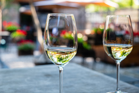 Enjoying a moment of relaxation with two glasses of white wine placed on a rustic table, amidst...