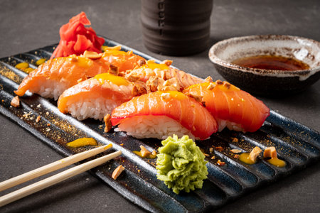Delicate sushi pieces featuring fresh salmon adorn a black stone platter, accompanied by vibrant wasabi and ginger. Dipping sauce and chopsticks invite a sensory dining experience.の写真素材