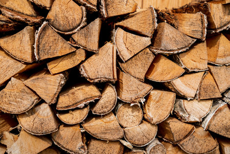 Wood logs are neatly stacked to create a mosaic of earthy tones and textures. This pile showcases...