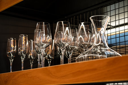 Rows of delicate glassware, featuring sparkling wine glasses and a graceful decanter, create an inviting ambiance in a well-designed space, perfect for elegant gatherings and celebrations.の写真素材