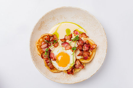 pancakes with bacon and eggの写真素材