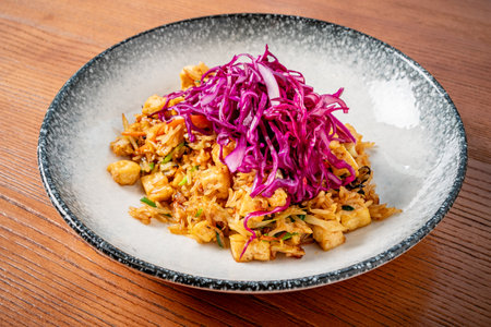 Delight in a plate of aromatic stir-fried rice adorned with fresh, shredded purple cabbage, creating a striking contrast of colors and flavors perfect for a satisfying meal.の写真素材