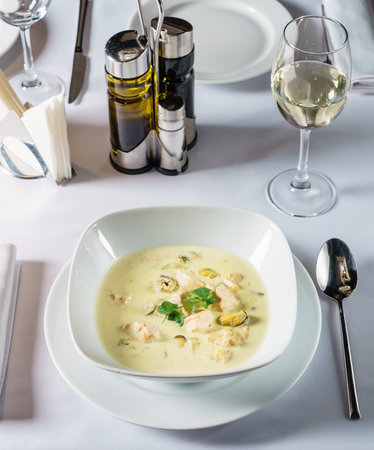 fish soup in the restaurantの写真素材