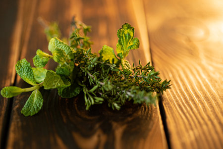 Vibrant mint and thyme sprigs lie gracefully on a textured wooden surface, glowing softly.の写真素材