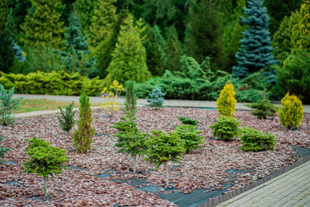 Decorative coniferous trees on the background of deciduous bushes in the gardenの写真素材