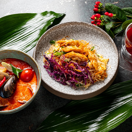 Brightly colored dishes showcase a delightful mix of Asian flavors, textures, and ingredients.