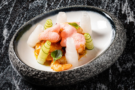 Colorful garnished shrimp on a unique dish showcases culinary artistry.の写真素材