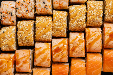 Delightful sushi rolls artfully displayed with fresh ingredients for a perfect feast.の写真素材