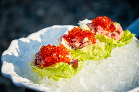 Festive Christmas appetizers artfully displayed on ice for a joyful holiday celebration.の写真素材