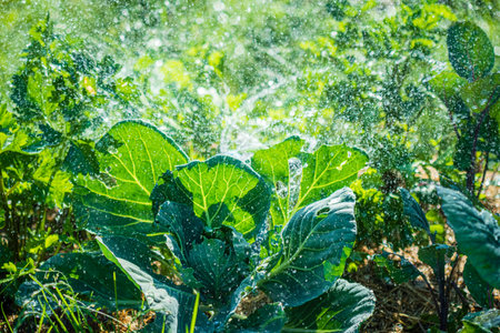 Vibrant green leaves glisten as they soak up the nourishing sprinkle from a gentle watering.の写真素材