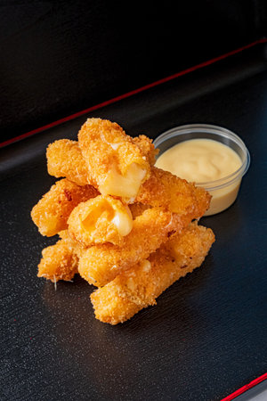 Melted cheese fills these crispy sticks, piled high with a side of smooth, tangy dip.