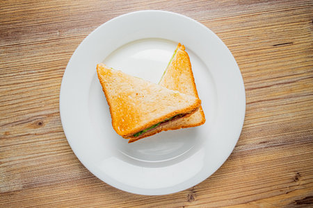 A perfectly toasted sandwich with golden brown edges sits invitingly on a white plate.の写真素材