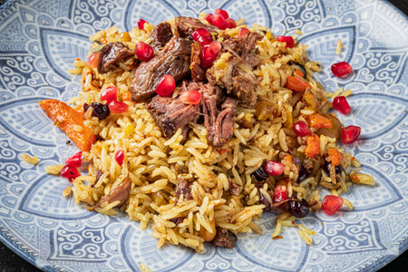 A flavorful rice creation adorned with succulent beef and bright pomegranate.の写真素材
