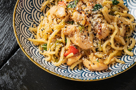 Enjoy flavorful stir-fried noodles with chicken, fresh veggies, and sesame seeds.の写真素材