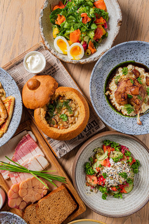 A vibrant array of salads, soups, and artisan breads promises joyful dining.の写真素材