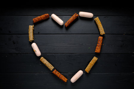 A heart made of colorful snacks on a dark wooden table.の写真素材