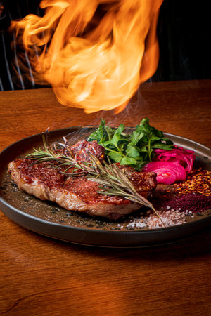Steak garnished with herbs and sides, igniting flames create a dramatic dining experience.の写真素材