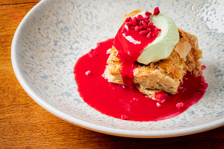Layers of flaky pastry topped with mint ice cream and a vibrant berry sauce captivate taste buds.