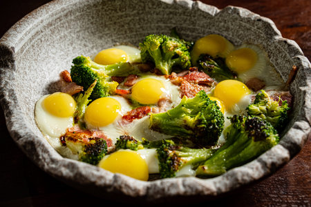 A lovely plate features fresh broccoli and perfectly cooked sunny-side-up eggs for a cozy meal.の写真素材