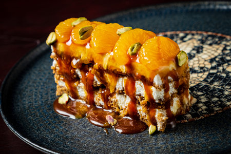 A stunning dessert with layers of cream, caramel, and orange slices rests on a decorative plate.の写真素材