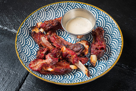 Juicy barbecue ribs glisten with flavor, accompanied by a savory dipping sauce, ready to enjoy.