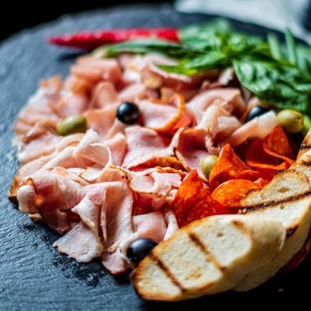 A colorful mix of cured meats, olives, and herbs is artfully displayed on a dark platter.の写真素材