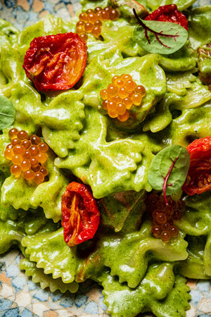 Delight in a colorful bowl of farfalle pasta adorned with sun-dried tomatoes, greens, and caviar.