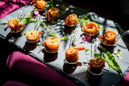 Shrimp on spoons garnished with herbs and flowers elevate the festive vibe.