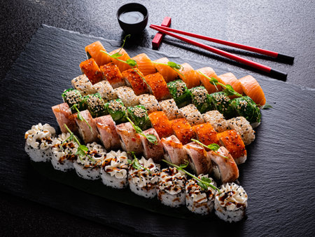 A beautiful array of colorful sushi delights artfully arranged on a black slate platter.の写真素材
