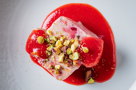 This dessert features a creamy layer topped with vibrant strawberry sauce and nuts.の写真素材