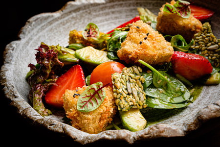 A colorful salad featuring crispy vegetables, juicy strawberries, and fresh greens in a rustic bowl.の写真素材