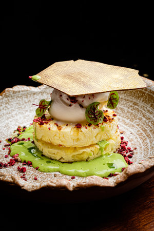 A layered dessert topped with fresh herbs and vibrant sauce delights the senses.の写真素材
