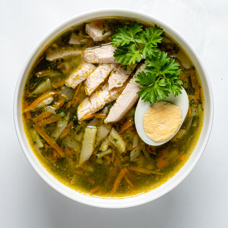 Enjoy a hearty bowl of chicken soup filled with vibrant vegetables and garnished with herbs.の写真素材