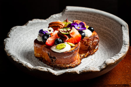 Exquisite dessert topped with vibrant berries and delicate flowers, served in a handcrafted dish.の写真素材