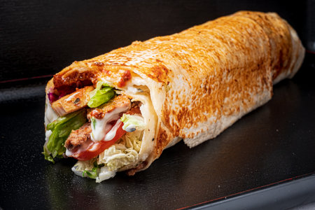 Enjoy a tasty wrap packed with grilled chicken, fresh lettuce, tomatoes, and creamy sauce!の写真素材