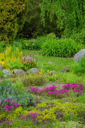 A beautiful garden bursts with vibrant flowers and lush greenery, showcasing nature's art in spring.の写真素材