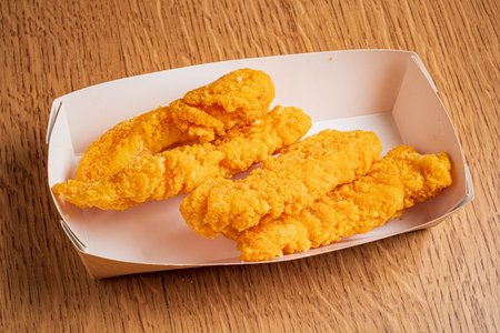 Crispy fried fish fillets shine, ideal for a quick, satisfying lunch or snack.の写真素材