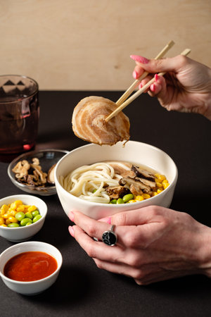 Hands expertly lift tender pork from a bowl of noodles, surrounded by colorful toppings and sauces.の写真素材