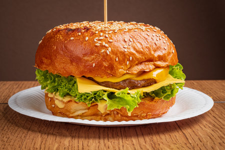 This tasty burger features fresh lettuce, cheddar cheese, and a juicy patty in a sesame bun.の写真素材