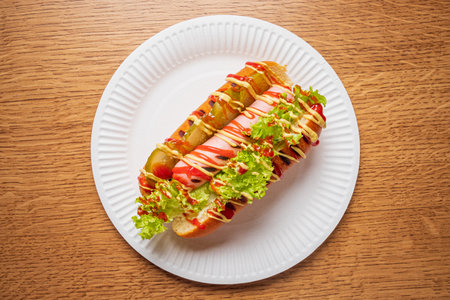 A delicious gourmet hot dog features vibrant vegetables and savory sauces, ready to be enjoyed.の写真素材