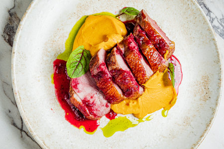 Tender slices of duck breast are elegantly plated with colorful purees and fresh greens.