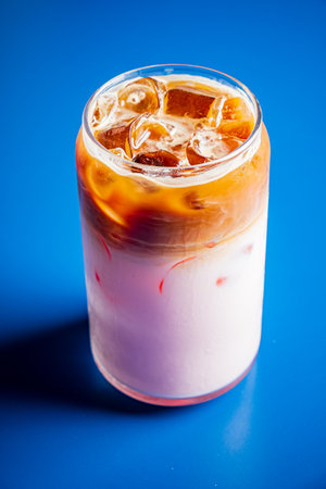 Creamy iced coffee meets milk with a refreshing sensation against a bold blue background.の写真素材