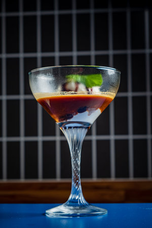 A refreshing cocktail mixes rich flavors and colorful layers, garnished with mint leaves.