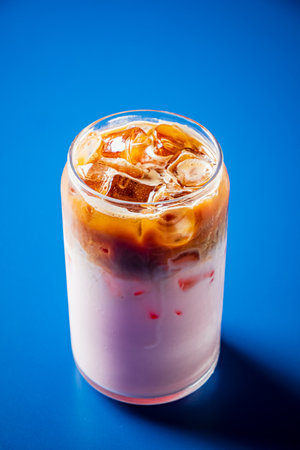 A colorful iced coffee drink in a clear glass, showcasing layers of milk and coffee over ice.の写真素材
