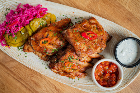Grilled chicken with pickled veggies and tasty sauces makes a delicious meal.の写真素材