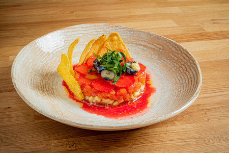 This dish showcases a vibrant arrangement of fresh tomatoes, garnishes, and crispy elements.の写真素材